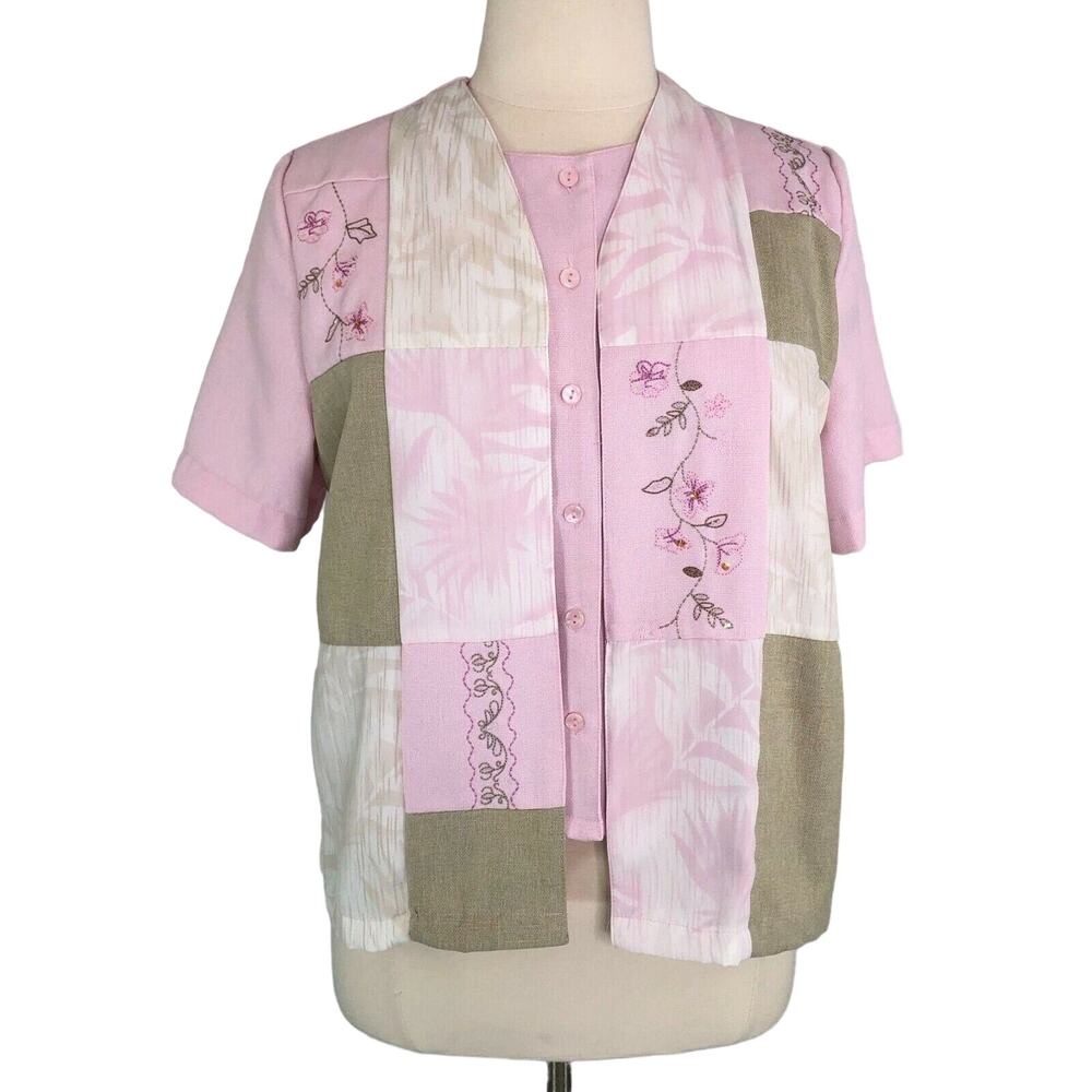 Allison Daley Button Front Career Blouse Pink Lagenlook Size 16P Embroidered